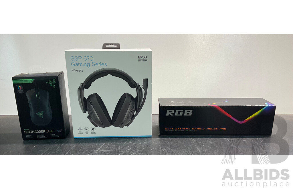 EPOS Sennheiser GSP 670 Gaming Series Wireless Headset, Razer Deathadder Chroma Mouse, RGB Mouse Pad - Lot of 3 - ORP $229.00