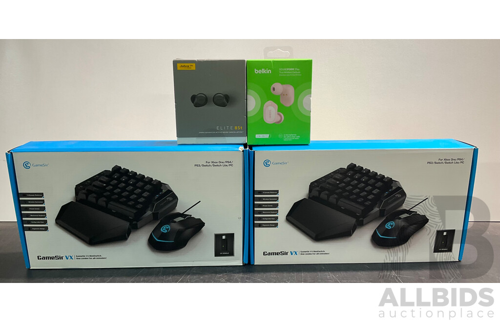 Gamesir VX Mouse and Keyboard (x2), Belkin Soundform Earphones and Jabra GN Elite 85t Earphones - Lot of 4 - ORP $480.00