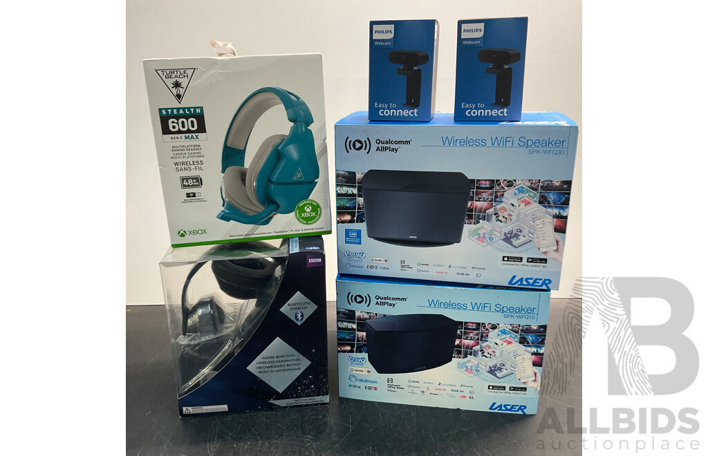 LASER Wireless WiFi Speaker SPK-WFQ10 & SPK-WFQ30 & TURTLE BEACH, DOCTOR WHO Headset & PHILIPS Webcam - Lot of 6