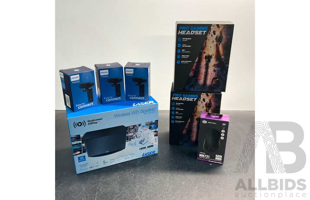 LASER Wireless WiFi Speaker  SPK-WFQ30 & PHILIPS Webcam & Pro Gaming Headset & COOLER MASTER MM731 Mouse - Lot of 7