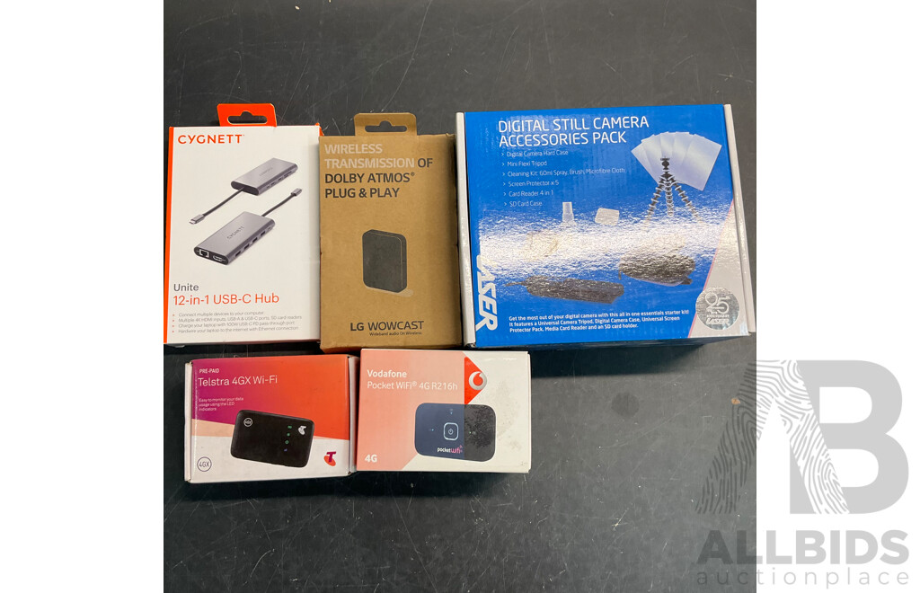 VODAFONE, TELSTRA 4G Wifi & LG Wowcast & GYGNETT 12-in-1 USB-C Hub & LASER Camer Accssories Pack - Lot of 5