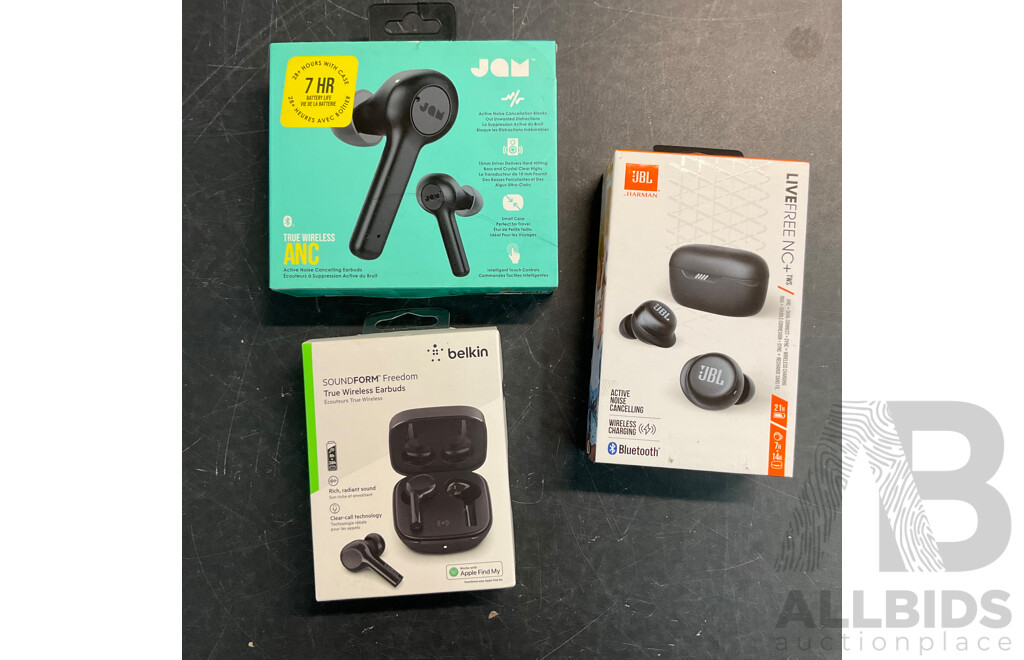 JBL Livefree NC+TWS &JAM,BELKIN EarBuds - Lot of 3