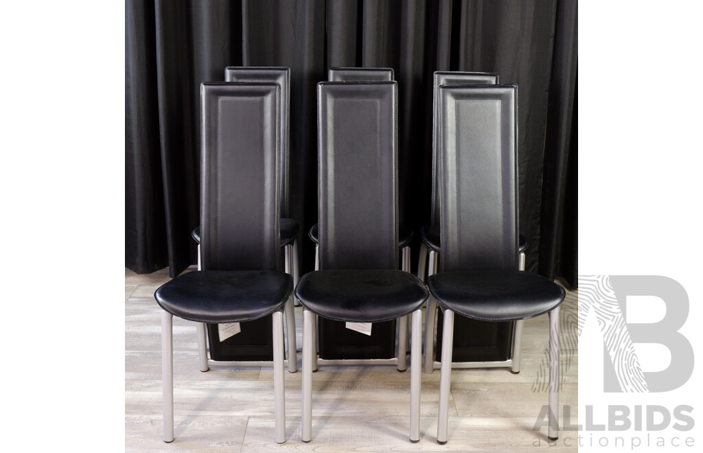 Set of Six Metal Framed Dining Chairs with Leather Upholstery