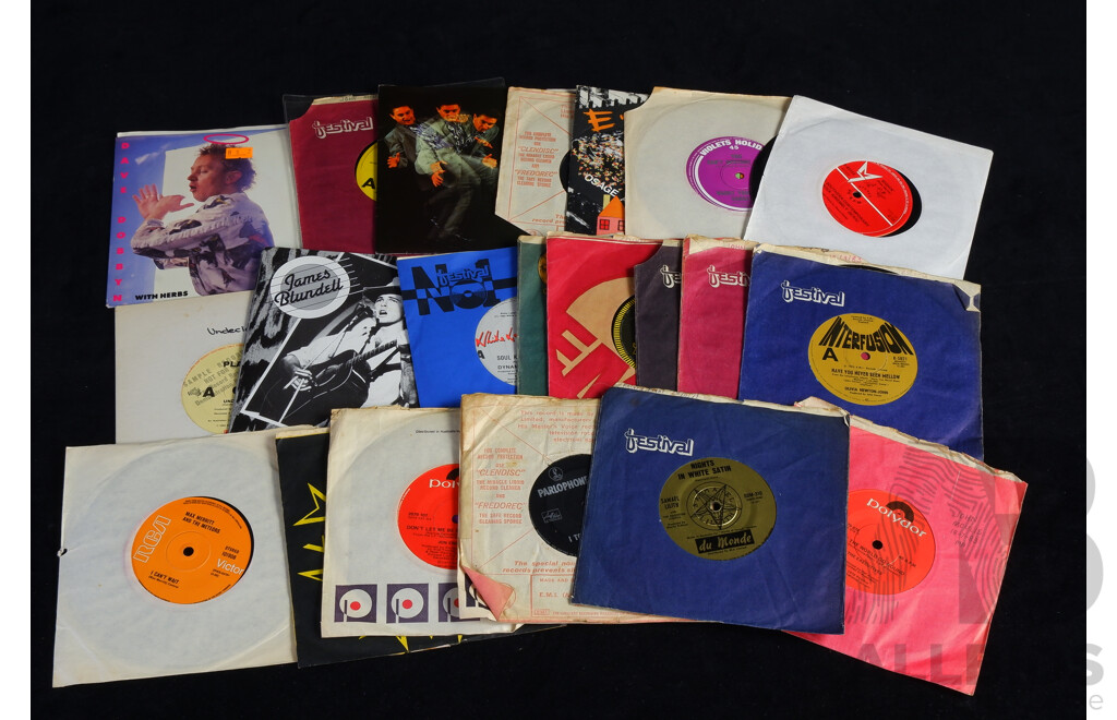 Good DJ Collection 22 Seven Inch 45 Singles of Australian Interest Including Rare Harry Young and Sabbath, Eurogliders, Billy Thorpe & the Aztecs, Dynamic Hepnotics, Dave Dobbyn and More