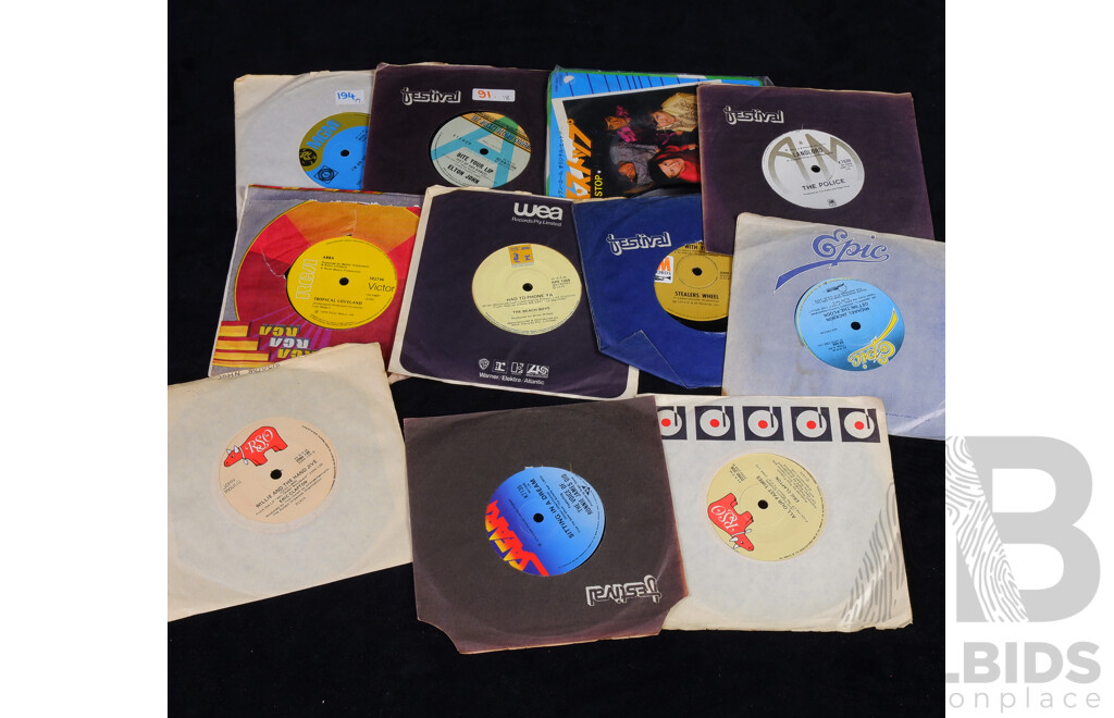 Good DJ Collection 11 Seven Inch 45 Singles, Mostly Rock Hits Including Japanese Release Monkeys, ABBA, Elton John, The Beach Boys, Stealers Wheel, The Police and More