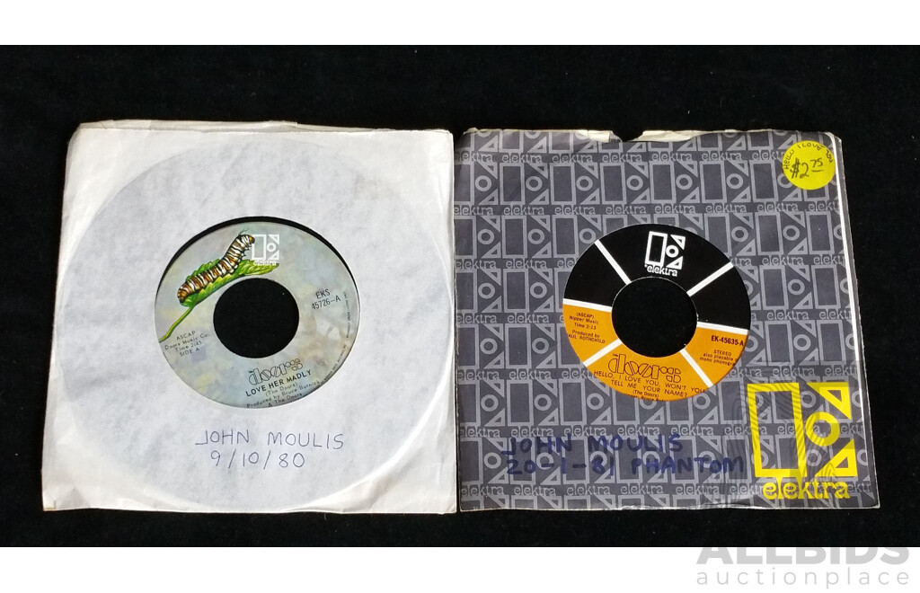 Two Seven Inch 45 Singles of the Doors Comprising Love Her Madley & Hello I Love You Wont You Tell Me Your Name