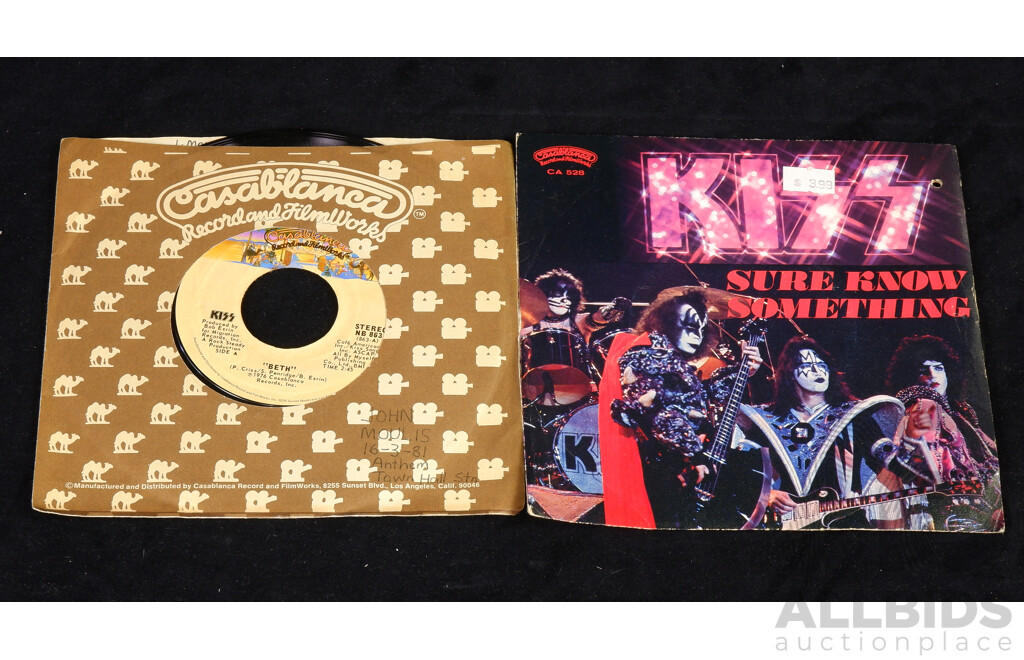 Two Seven Inch 45 Singles of KISS Comprising Sure Know Something & Detroit Rock City