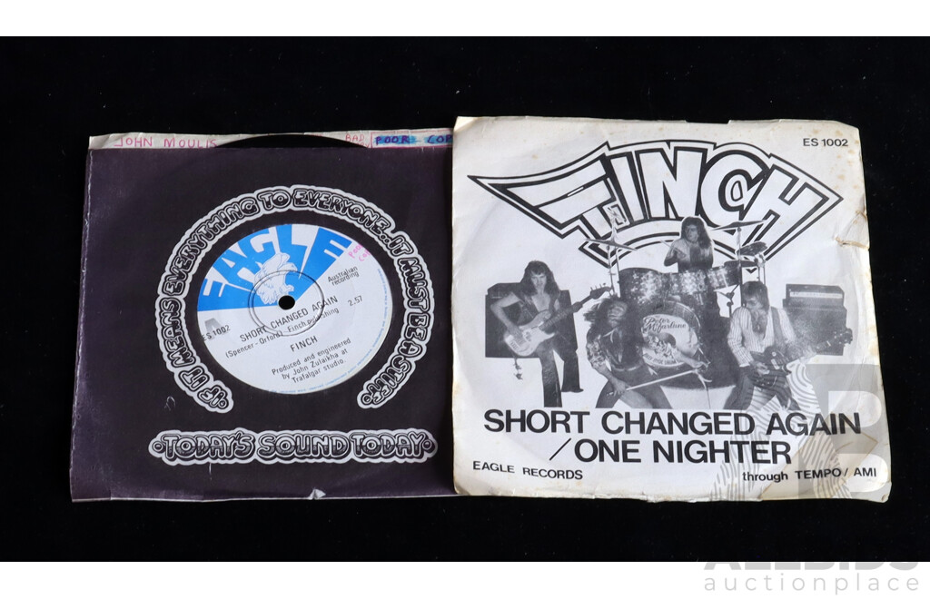 Two Copies Seven Inch 45 Singles of Australian Psychedelic Band Finch, Short Changed Again, One with Original Picture Sleeve