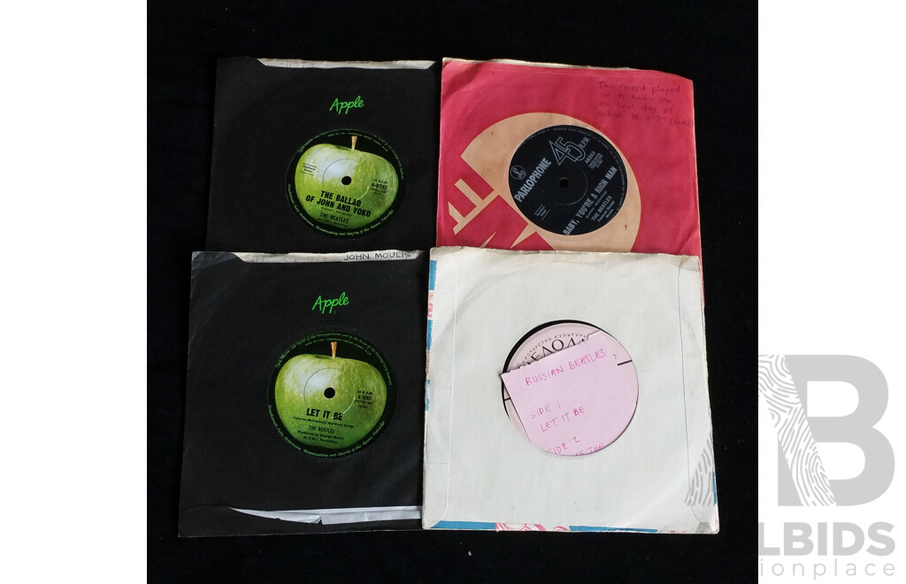 Collection Four The Beatles Seven Inch Vinyl 45s Records Including Russian Release Let It Be and More