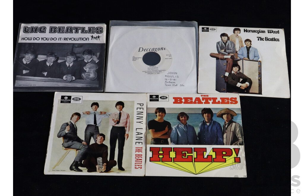 Collection Five Vintage the Beatles Seven Inch Singles Including Four with Picture Sleeves