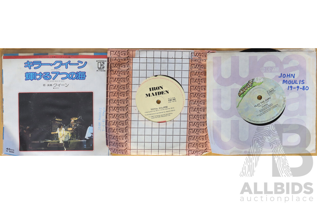 Collection Three Vintage Seven Inch Singles Comprising Iron Maiden & Two Queen Titles Including Japanese Release