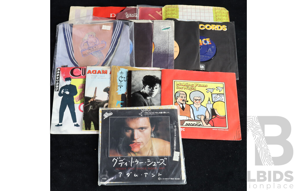 Great Collection 16 Vintage 1980s Seven Inch Singles, Seven with Picture Sleeves Including Japanese Release Culture Club & Adam Ant, Stranglers, Two XTC Titles and More