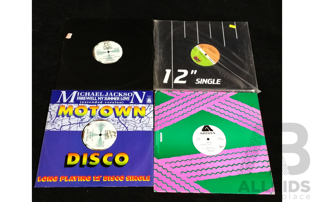 Collection Ten Funky Giant 12 Inch 45 Singles Vinyl Records Including Laura Branigan, Michael Jackson, Blondie and More