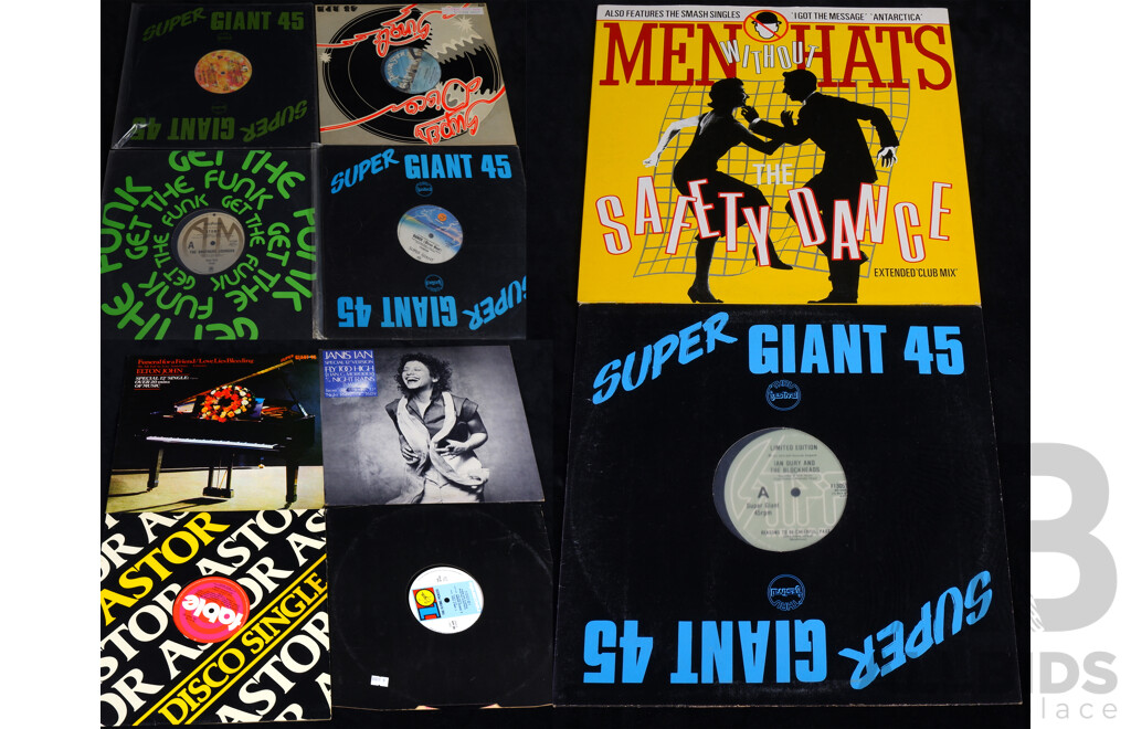 Collection Ten Giant 12 Inch 45s Vinyl LP Record Titles Including Elton John, Ike & Tina Turner, Men Without Hats and More