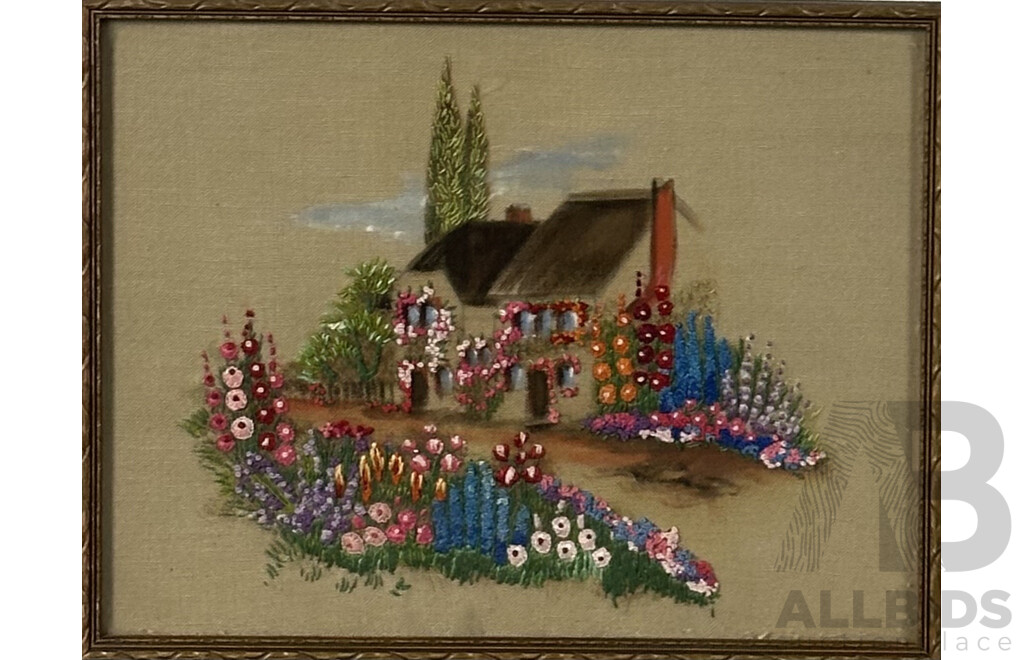 Artist Unknown, Country House Flanked by Flowers, Lovely Vintage Needlepoint with Coloured Ink on Cloth, 20.5 x 26.5 cm (frame)