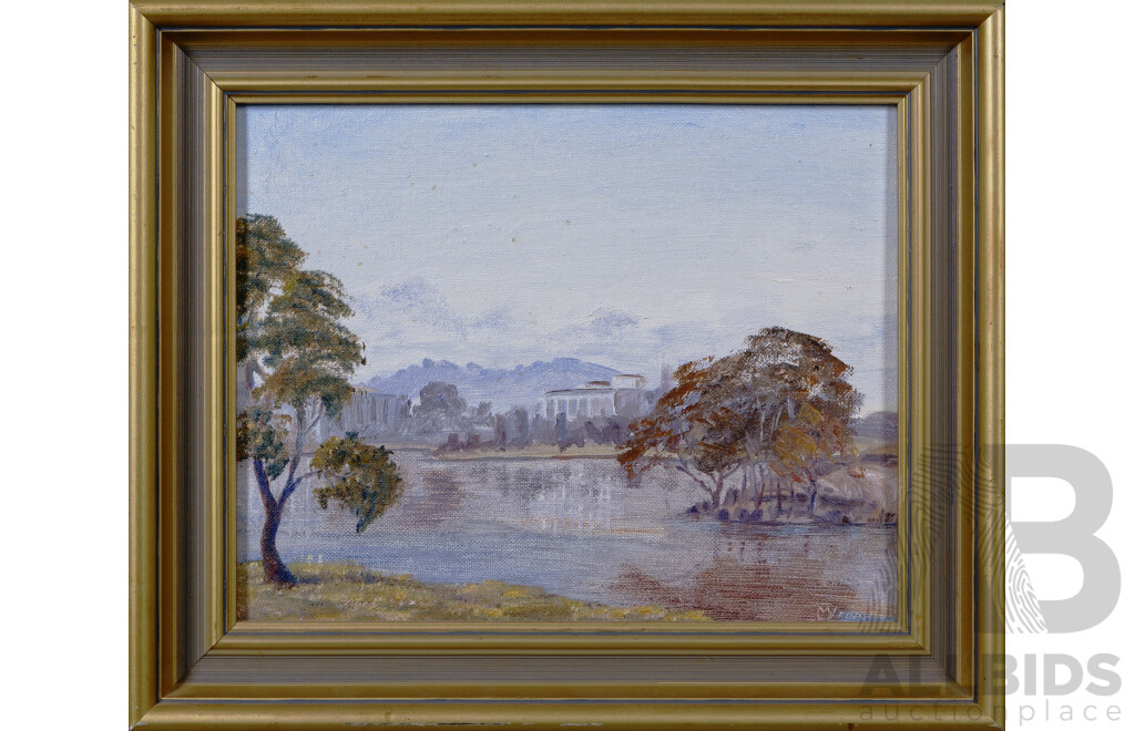 Myra Kerr, (20th Century, Australian, 1938-), Walter's Dream, View Over Lake Burley Griffin, Vintage Oil on Canvas Board, 26 x 31.5 cm (frame)