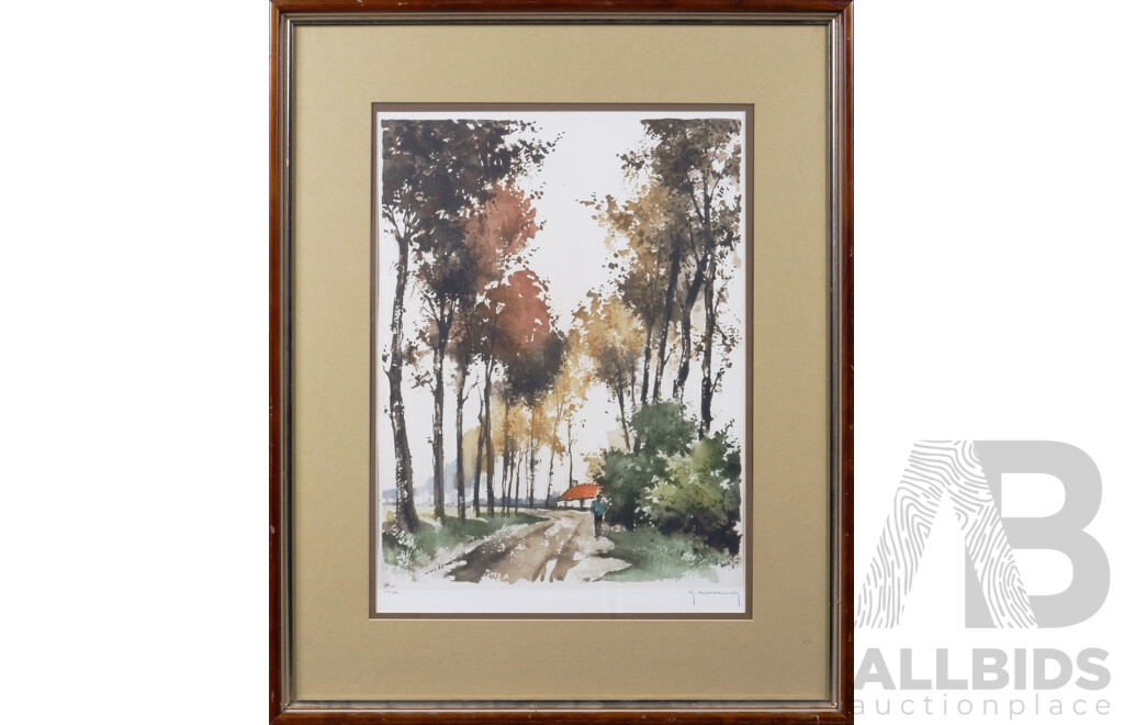 Roger Hebbelinck, (20th Century, Belgium, 1912-?), Walk Along a Country Road, Limited Edition Watercolour Etching, 65 x 52 cm (frame)