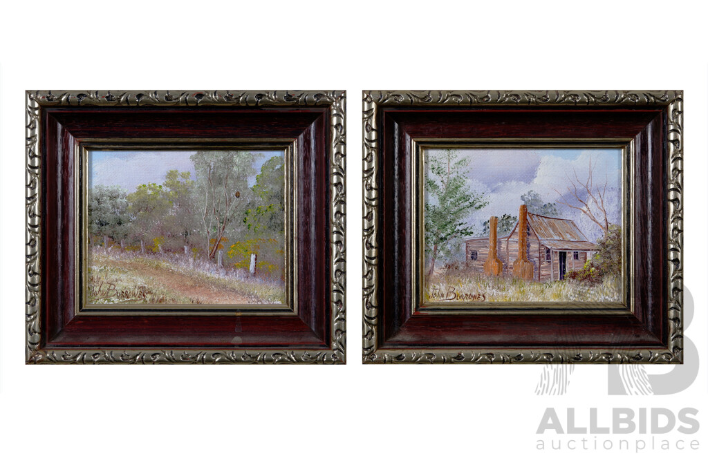 John Burrowes, (Australian, Working C1980s), Bush Scene 2 (a) and (b) - Bush Fence and Bush House, Pair of Miniature Oils on Canvas Board, 16 x 18.5 cm (frame) (2)