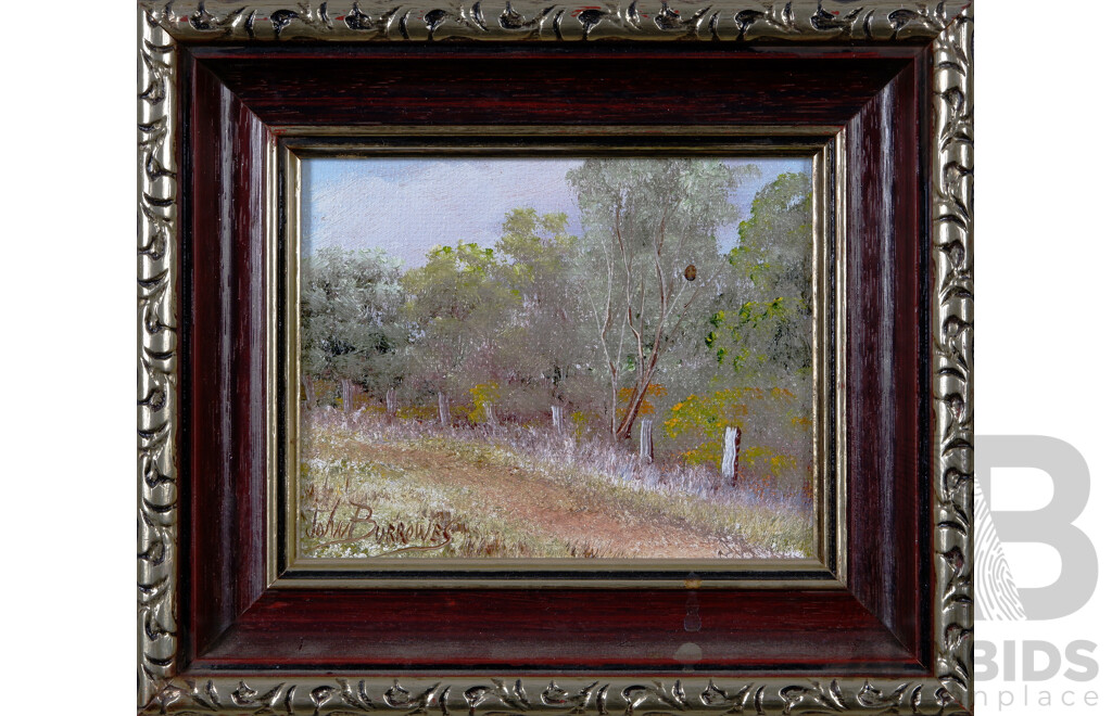 John Burrowes, (Australian, Working C1980s), Bush Scene 2 (a) and (b) - Bush Fence and Bush House, Pair of Miniature Oils on Canvas Board, 16 x 18.5 cm (frame) (2)