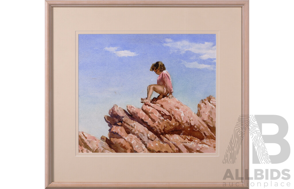 Helen Baldwin, (20th Century, Australian, 1912-1921), Girl on Rocks, Watercolour, 61 X 65 Cm (frame)