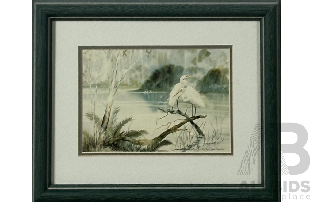 Diana Watson 'Xanadu', (20th Century, Australian, 1940-), Tuross Egrets, Artist's Proof, Watercolour, 24 x 29 cm (frame)