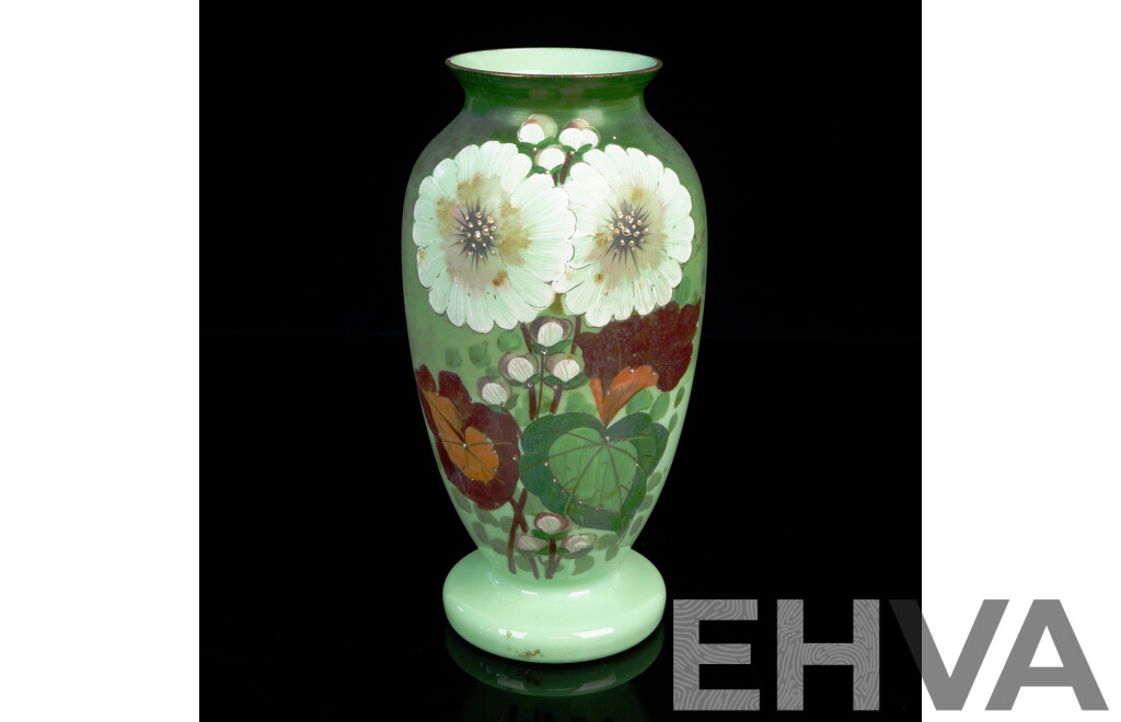 Antique Hand Painted Victorian Pale Green Milk Glass Vase with Large Floral Feature