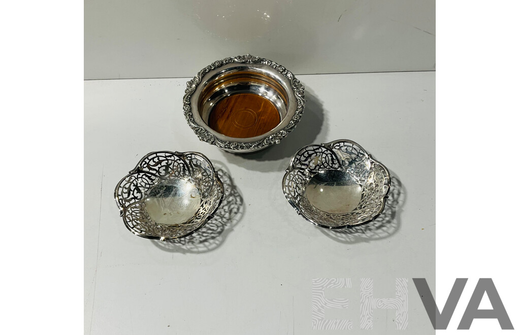 Strachan Silver Plate Bowl and Pair Metal Bon-Bon Dishes with Pierced Sides