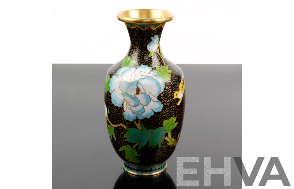 Vintage Chinese Black Cloisonne Vase with Floral Motif