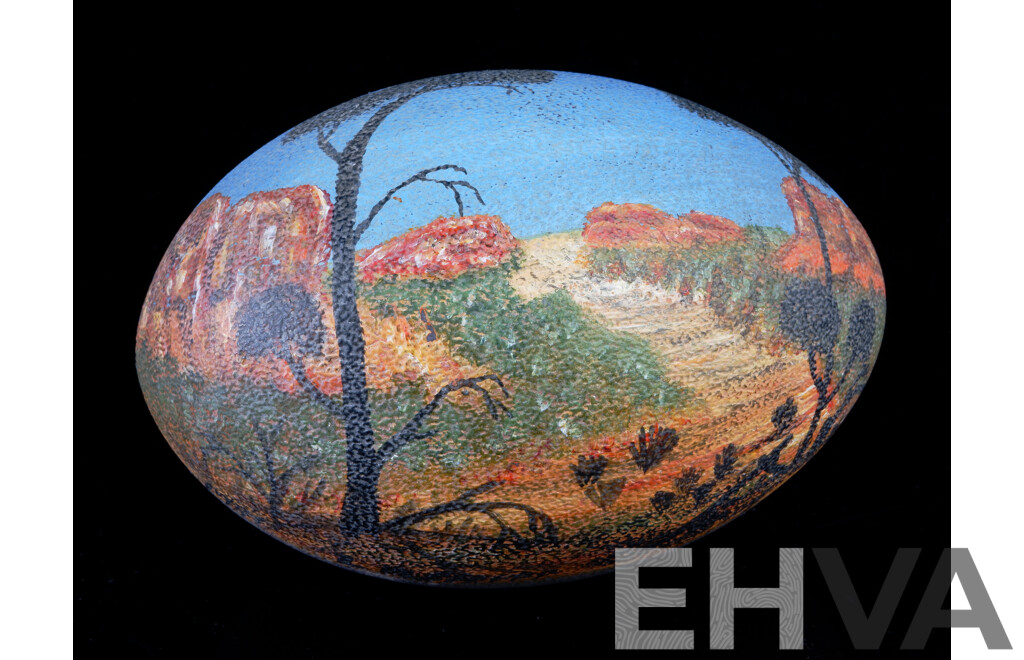 Hand Painted Emu Egg Depicting Australian Landscape -Dated 1991 and Signed Indistinctly Lower Left