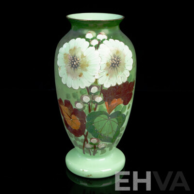 Antique Hand Painted Victorian Pale Green Milk Glass Vase with Large Floral Feature