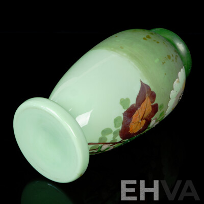 Antique Hand Painted Victorian Pale Green Milk Glass Vase with Large Floral Feature