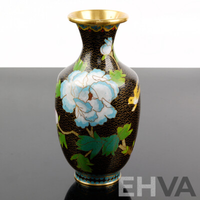 Vintage Chinese Black Cloisonne Vase with Floral Motif