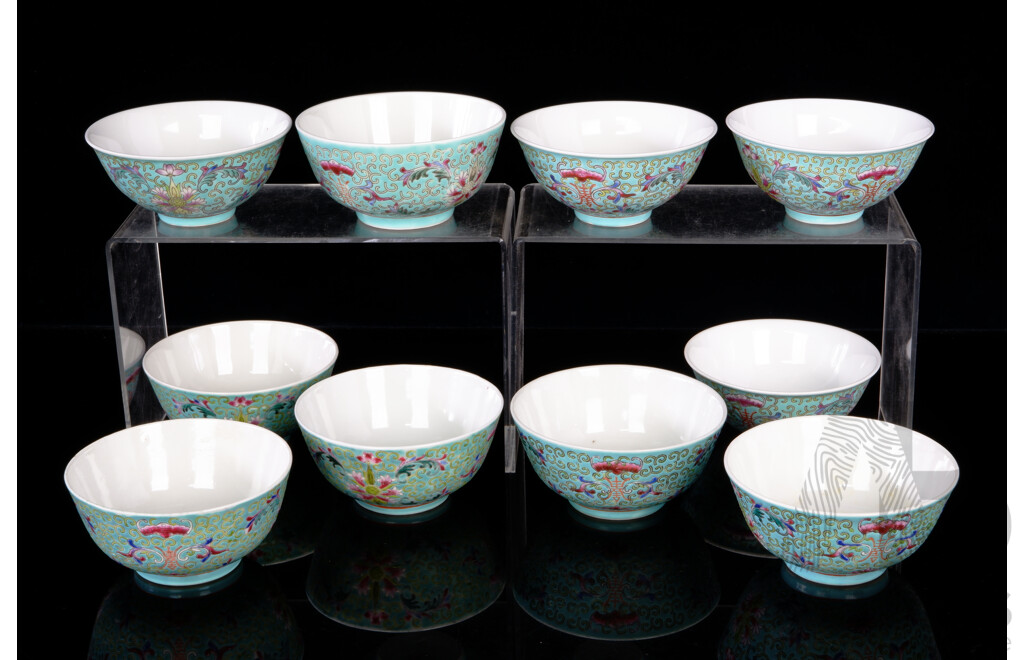 Two Sets Five Vintage Chinese Famille Rose Bowls