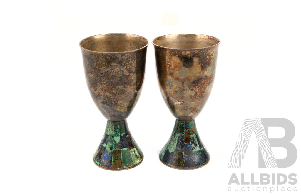 Pair Mid Century Mexican Emilio Castillo for Los Castillo Silver Plate Goblets with Malachite and Lapis Lazuli Inlay Bases