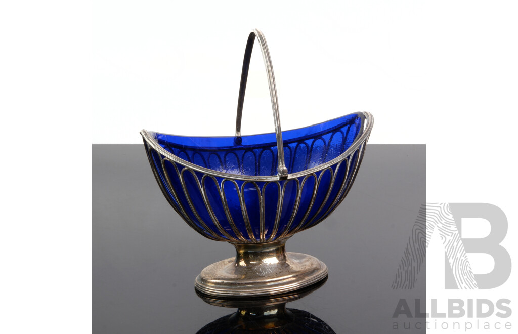 Antique Sterling Silver Bon Bon Dish in Basket Form with Blue Liner, London, 1867