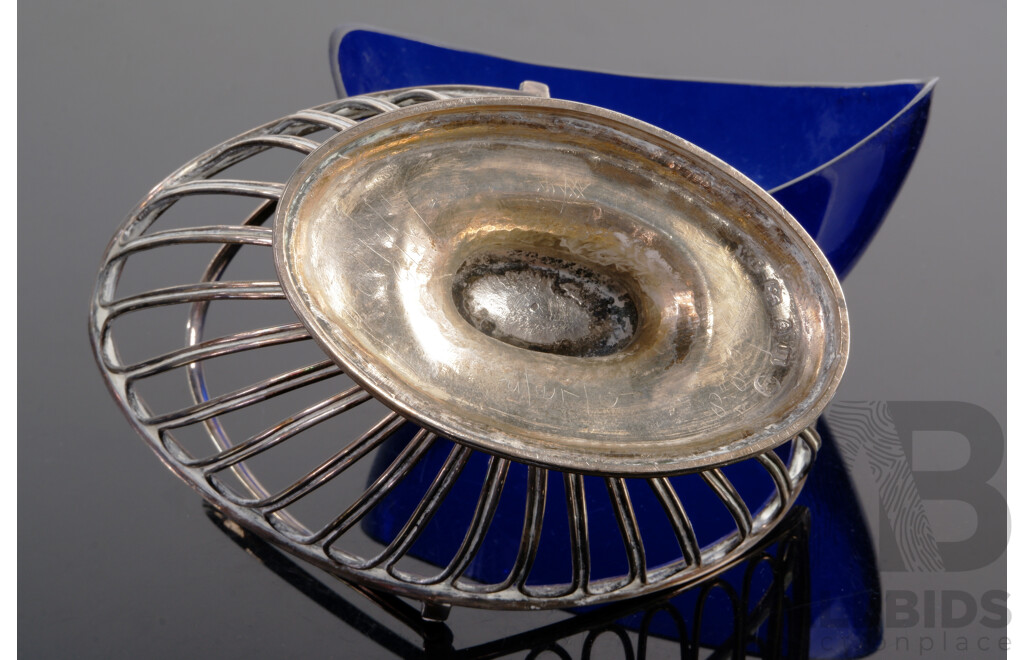 Antique Sterling Silver Bon Bon Dish in Basket Form with Blue Liner, London, 1867