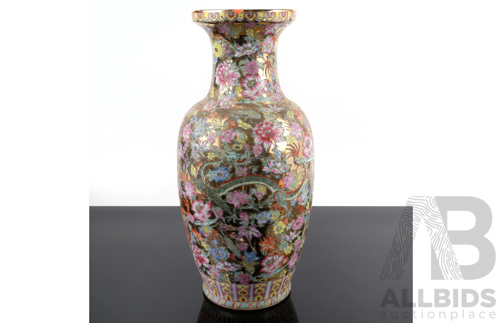 Large Vintage Chinese Hand Painted Famille Rose Porcelain Vase with Dragon Detail