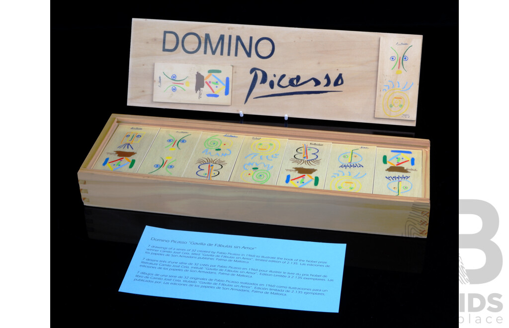 Limited Edition Complete 28 Piece Domino Set Wood Games Tiles, with Illustrations by Picasso, 1960