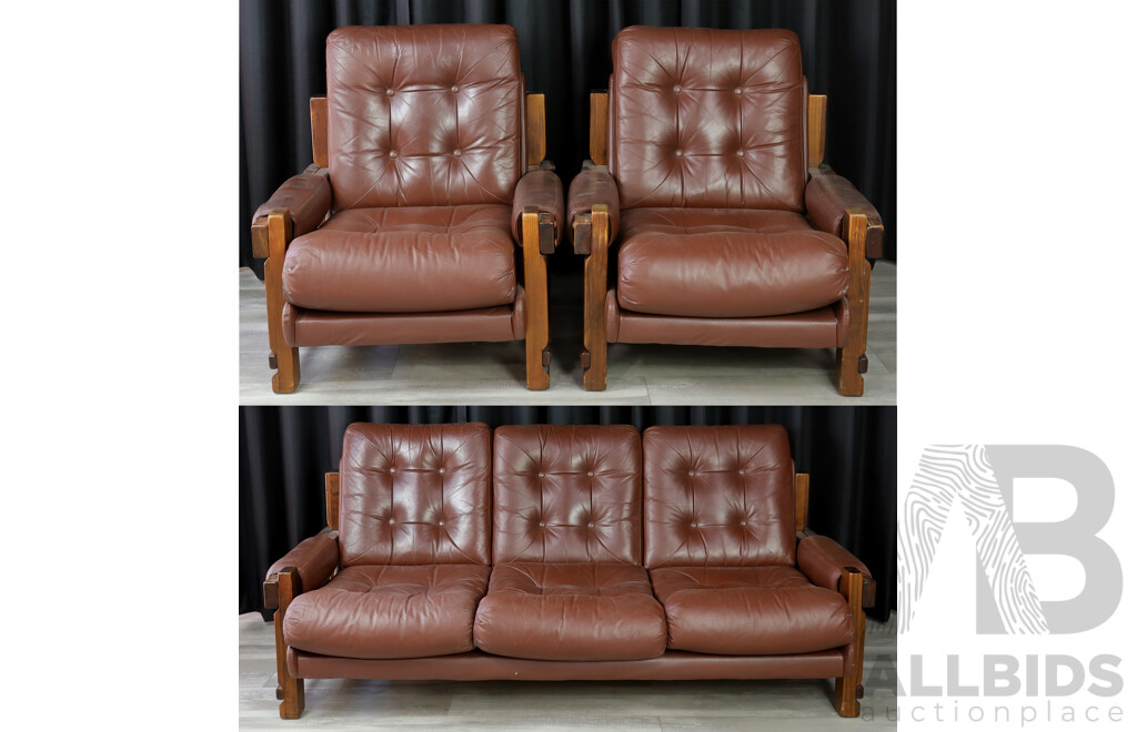 Vintage Timber Framed Leather Upholstered Three Piece Lounge