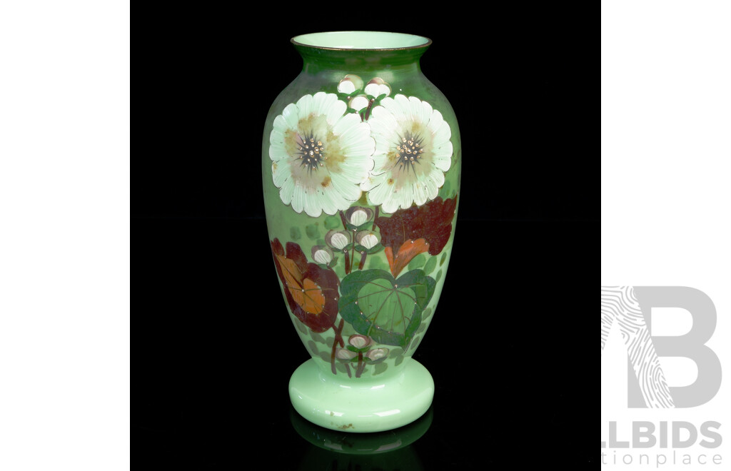 Antique Hand Painted Victorian Pale Green Milk Glass Vase with Large Floral Feature