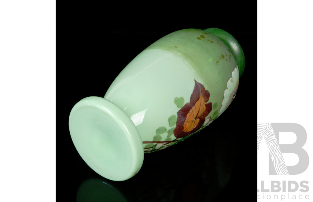 Antique Hand Painted Victorian Pale Green Milk Glass Vase with Large Floral Feature