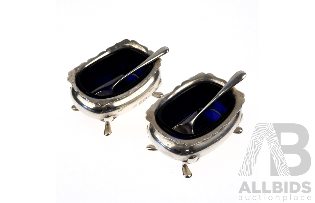 Sterling Silver Edwardian Pair of Salt Cellars with Cobalt Glass Liners and Original Spoons, Birmingham Date Hallmarked 1909