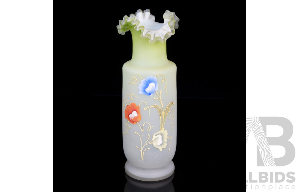 Victorian Frosted Glass Vase with Hand Painted Floral Motif and Ruffled Rim