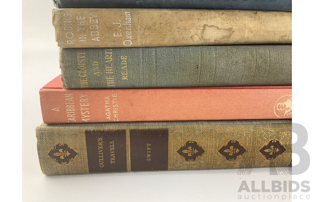 Collection of Antique and Vintage Hard Cover Books Including the Letters of Queen Victoria, John Murray, 1908, Gulliver's Travels, Jonathan Swift, 1937, a Caribbean Mystery, Agatha Christie, the Black Arrow, Robert Louis Stevenson,.......