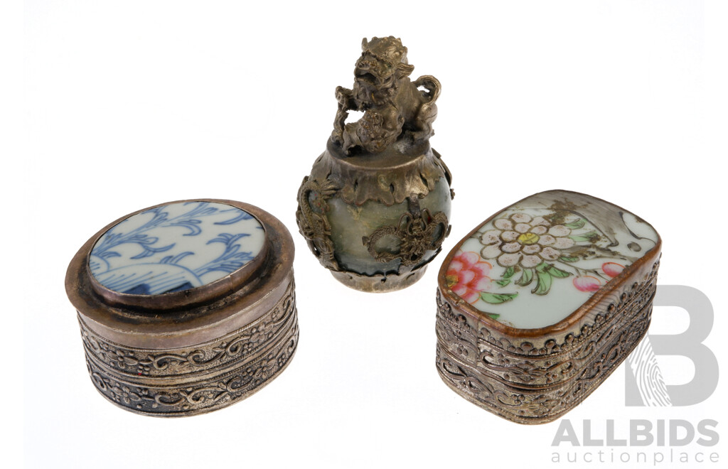 Two Vintage Chinese White Metal Boxes with Antique Porcelain Fragment Lids Along with Green Soft Stone Sphere Encased in White Metal with Pho Dog Finial