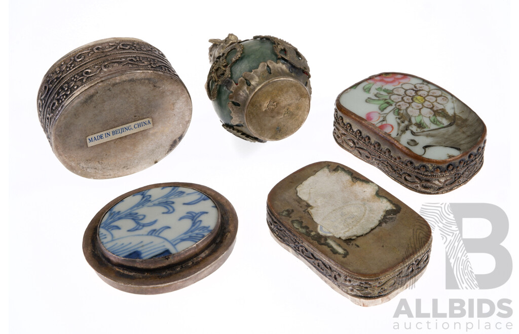 Two Vintage Chinese White Metal Boxes with Antique Porcelain Fragment Lids Along with Green Soft Stone Sphere Encased in White Metal with Pho Dog Finial