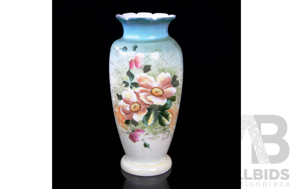 Hand Painted Victorian Antique Milk Glass Vase with Ombre Finish and Floral Motifs