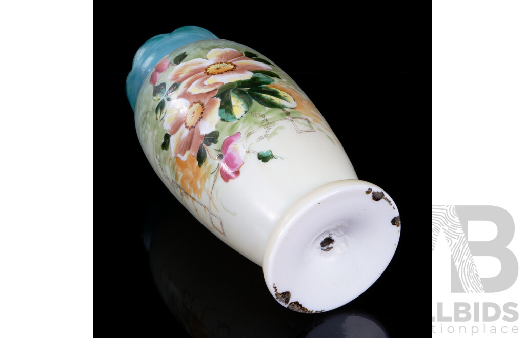 Hand Painted Victorian Antique Milk Glass Vase with Ombre Finish and Floral Motifs