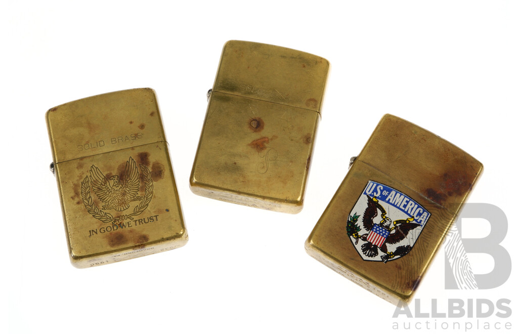 Collection Three Vintage Brass Zippo Lighters