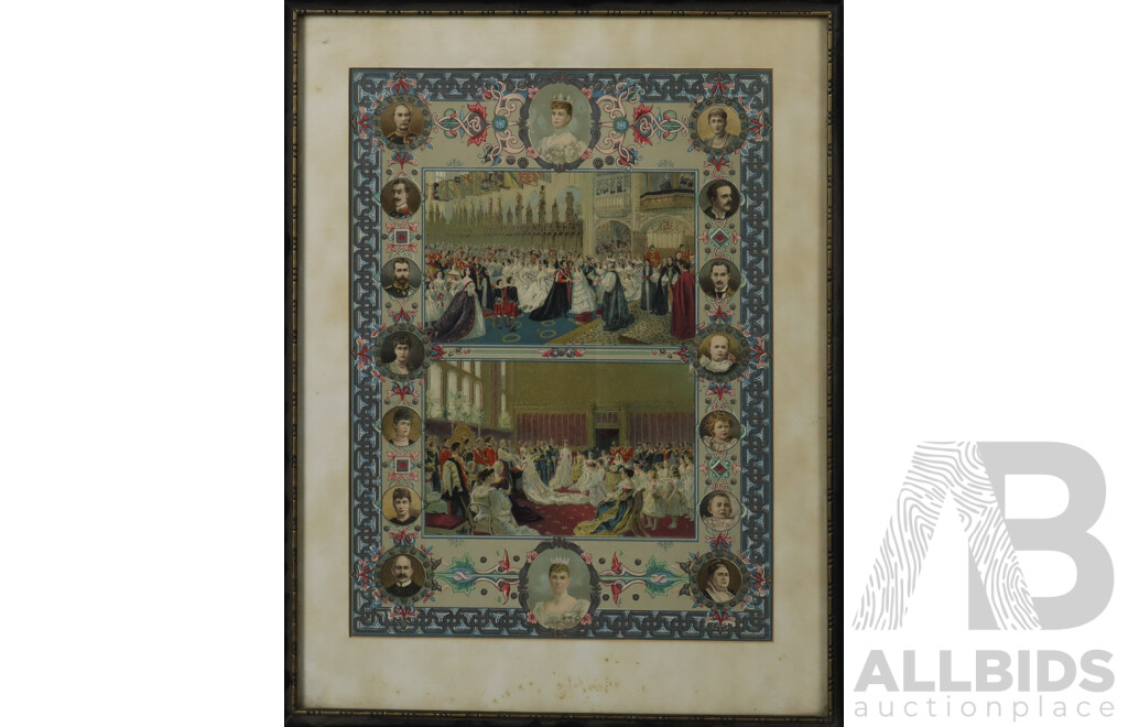 Artist Unknown, Marriage of Prince of Wales and Duke of York Alongside Several Royal Portraits, Original Antique Chromolithograph, (c1897), 49 x 37 cm (frame)